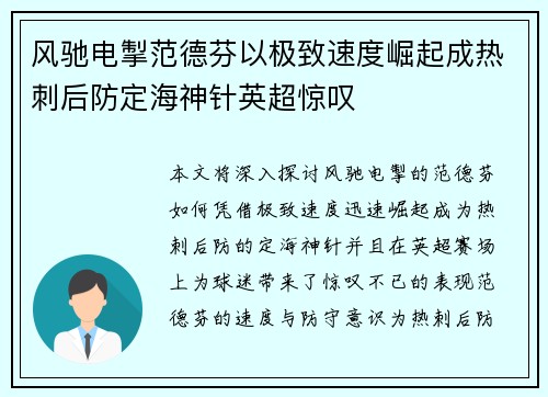 风驰电掣范德芬以极致速度崛起成热刺后防定海神针英超惊叹